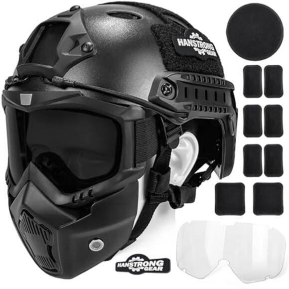 Airsoft Tactical Helmet Full Face Mask Detachable Goggles Paintball Black